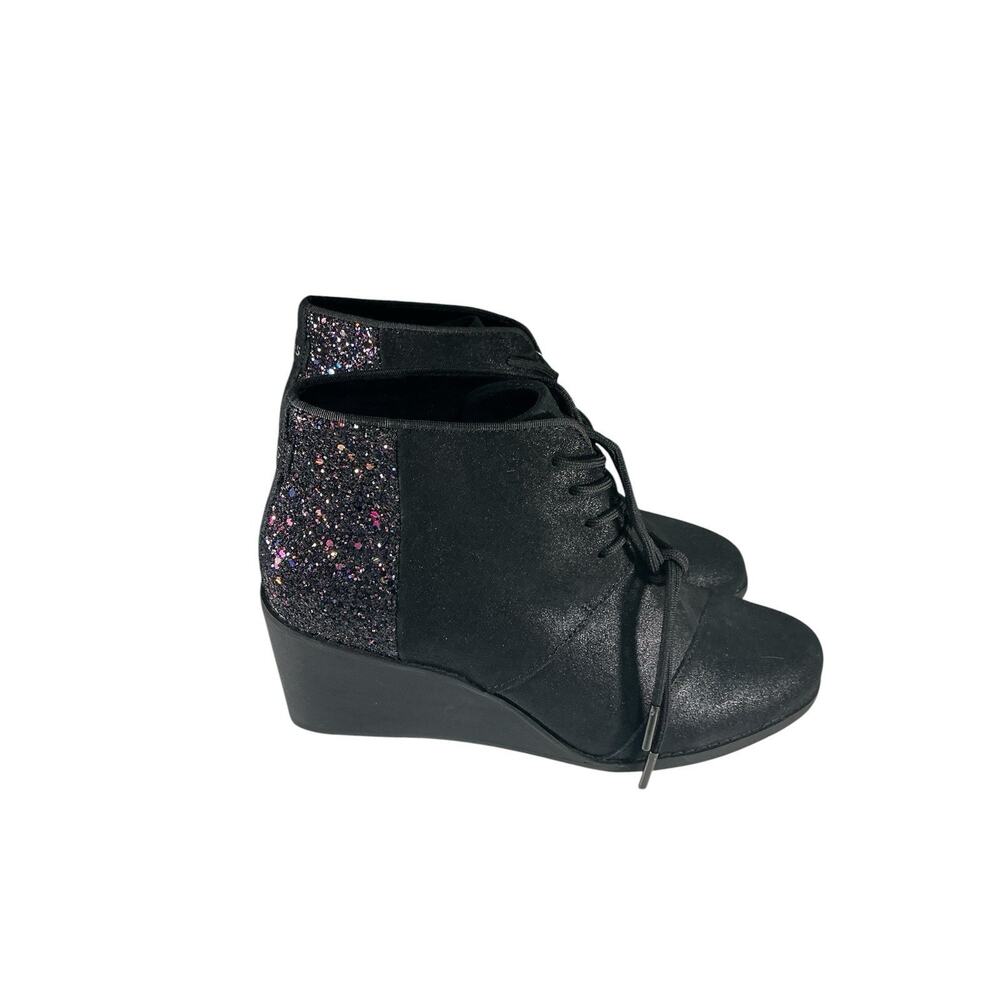 TOMS Hyde Black Metallic Glitter Ankle Bootie Lace Up Leather Women's Size 9 New